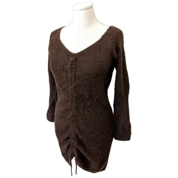 Womens Fuzzy Knit Brown Sweater Dress Ruched Party Fall V-Neck Casual Cozy Sz M - Picture 3 of 9